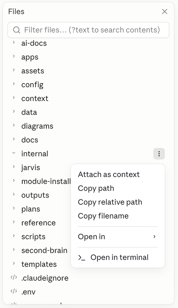 Files-Pane in Claude Code Desktop mit geöffnetem Drei-Punkte-Menü