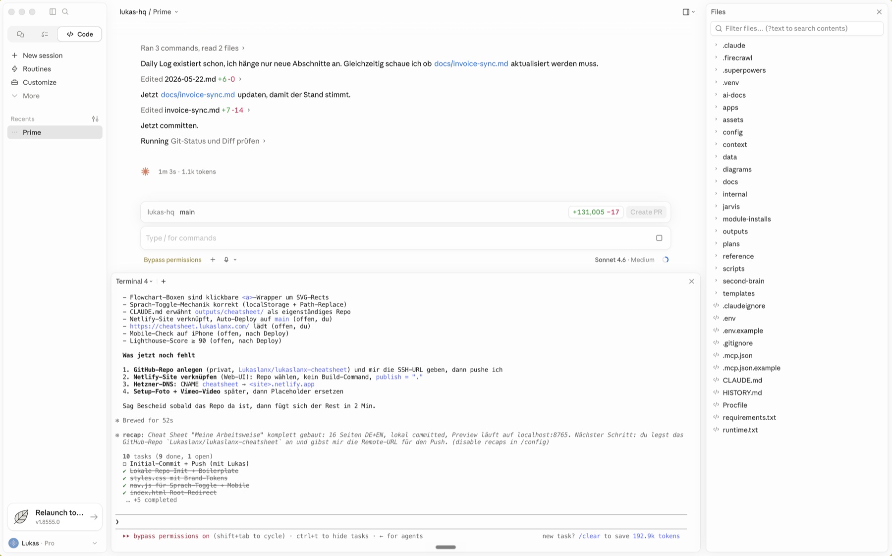 Setup auf dem Mac: Chat oben, Terminal unten, Files rechts